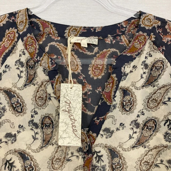 New Mystree Multi Color Paisley Tie Front Patchwork Boho Long Sleeve Top Large - Picture 4 of 10